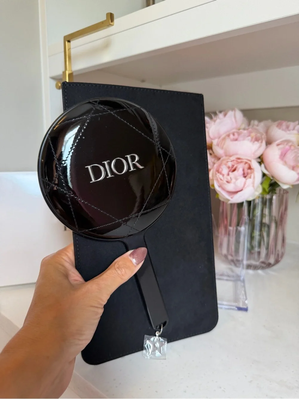 Dior NIB GWP GLAM Black Quilted Hand Mirror w Velvet Sleeve + Star 🌟 Charm
